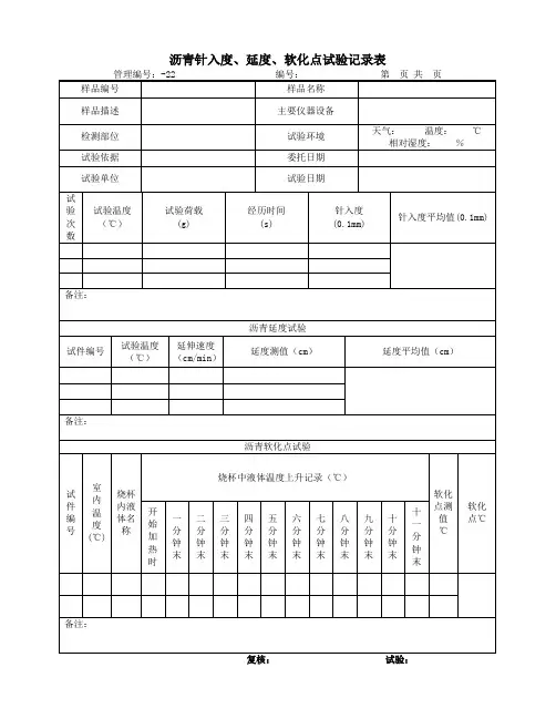 沥青针入度、延度、软化点试验记录表