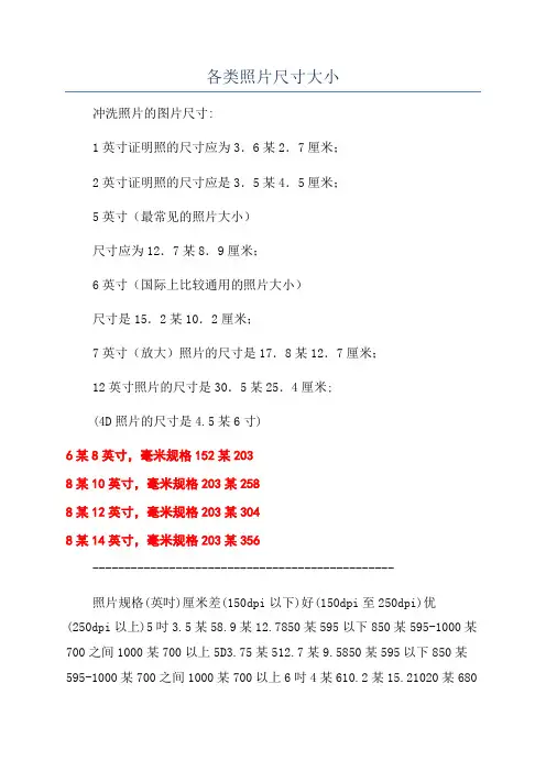 各类照片尺寸大小