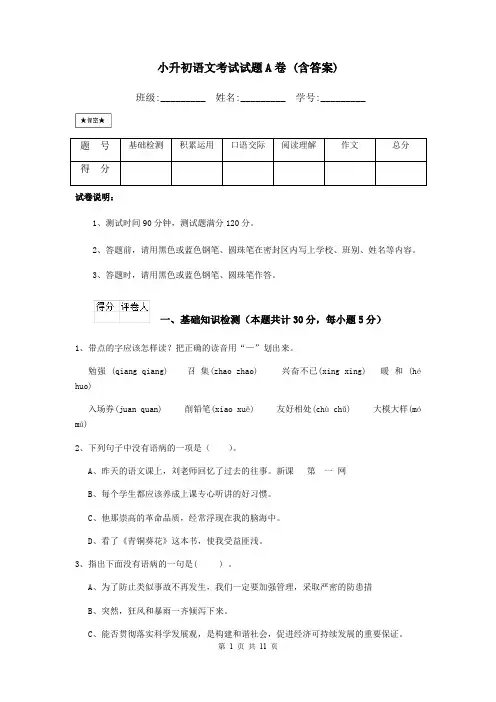 小升初语文考试试题A卷 (含答案)