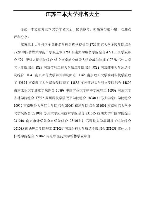 江苏三本大学排名大全