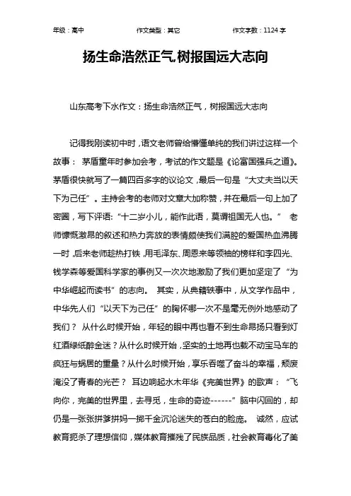 扬生命浩然正气,树报国远大志向作文【高中高中1100字】