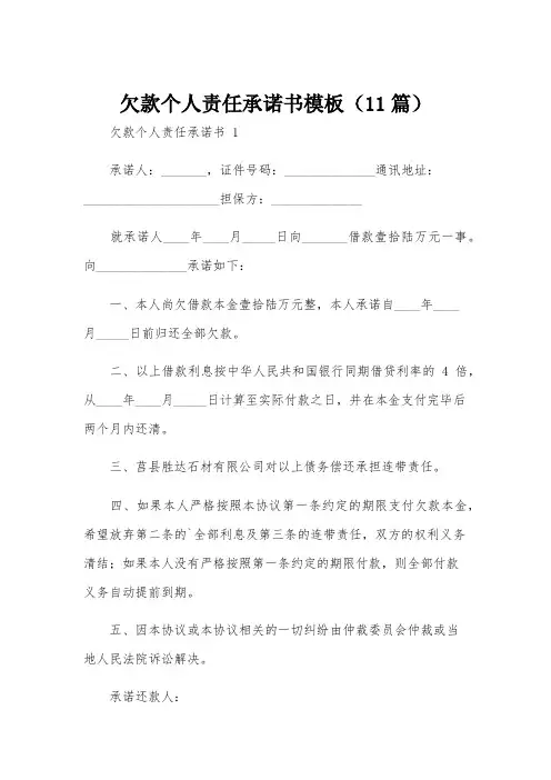 欠款个人责任承诺书模板(11篇)