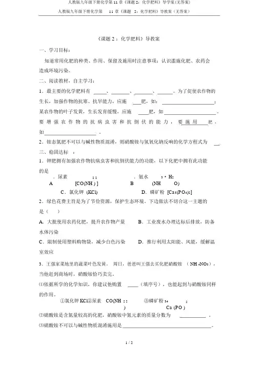 人教版九年级下册化学第11章《课题2：化学肥料》导学案(无答案)