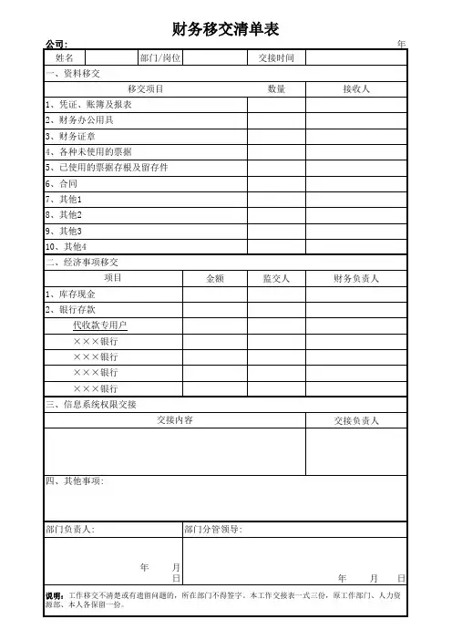财务移交清单表格范本