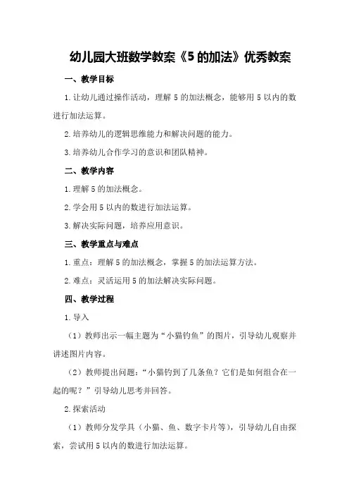 幼儿园大班数学教案《5的加法》优秀教案