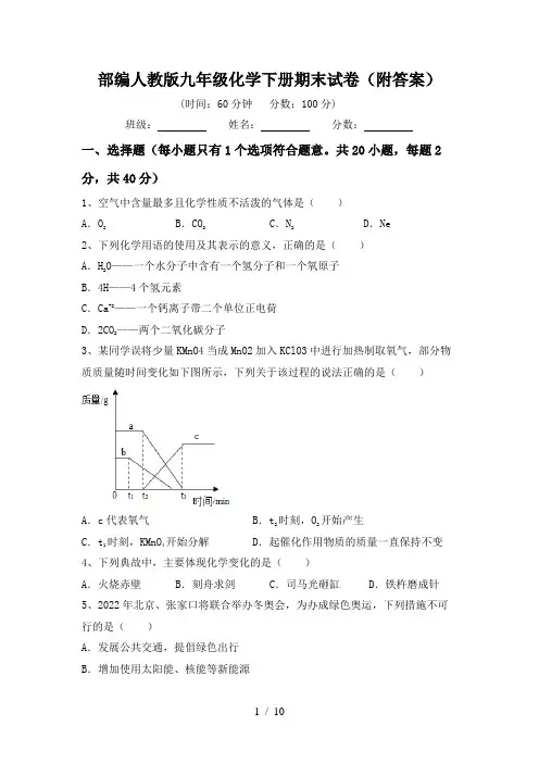 部编人教版九年级化学下册期末试卷(附答案)