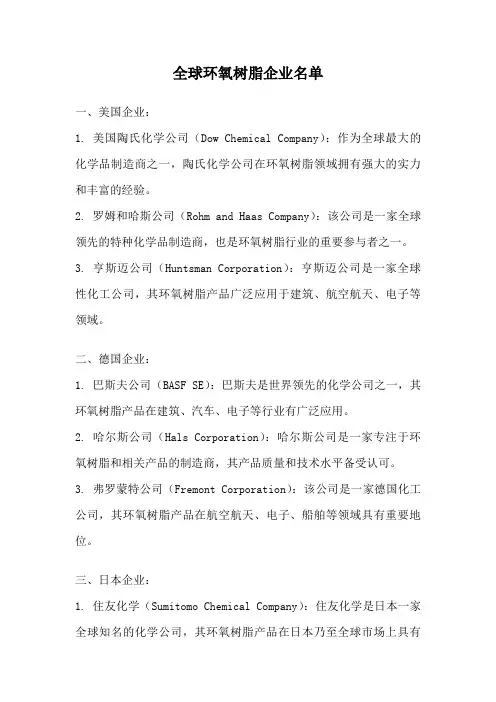 全球环氧树脂企业名单