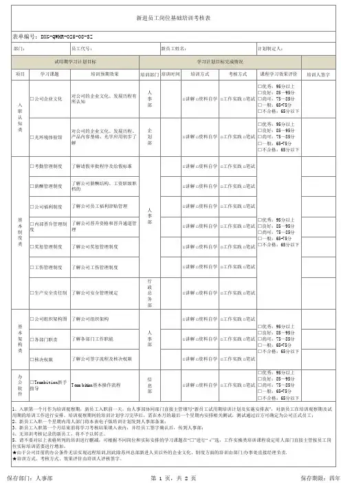 新进员工岗位基础培训考核表