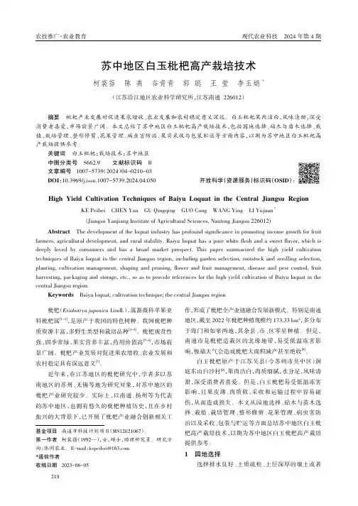 苏中地区白玉枇杷高产栽培技术