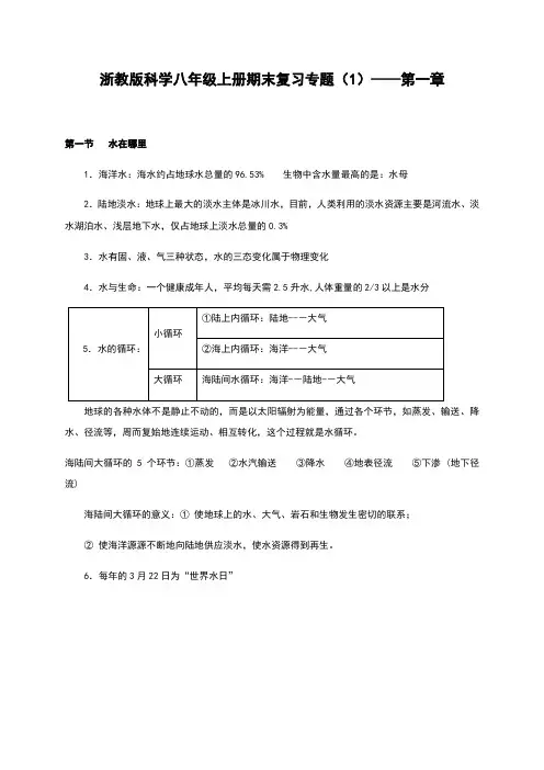专题（1 ）第1章 水和水的溶液（学生版教师版）—浙教版八年级科学上册期末复习讲义