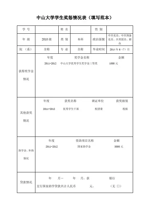 中山大学学生奖惩情况表填写范本