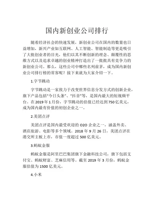 国内新创业公司排行