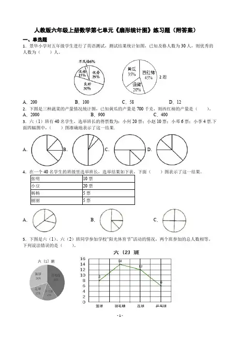 人教版数学六年级上册 第七单元(扇形统计图)练习题(附答案)