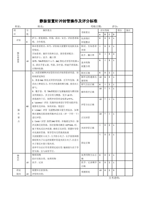 静脉留置针冲封管操作及评分标准
