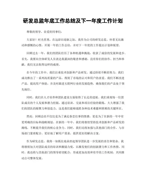 研发总监年底工作总结及下一年度工作计划