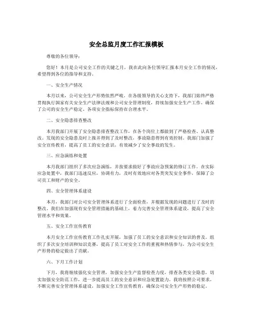 安全总监月度工作汇报模板