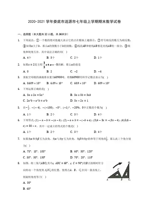 2020-2021学年娄底市涟源市七年级上学期期末数学试卷(附解析)