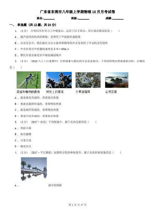 广东省东莞市八年级上学期物理12月月考试卷