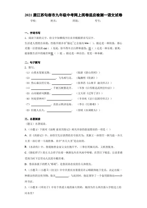 2021届江苏句容市九年级中考网上阅卷适应检测一语文试卷