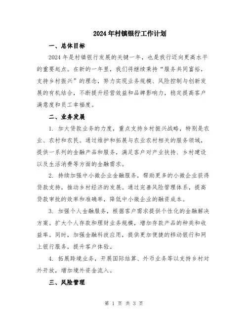 2024年村镇银行工作计划