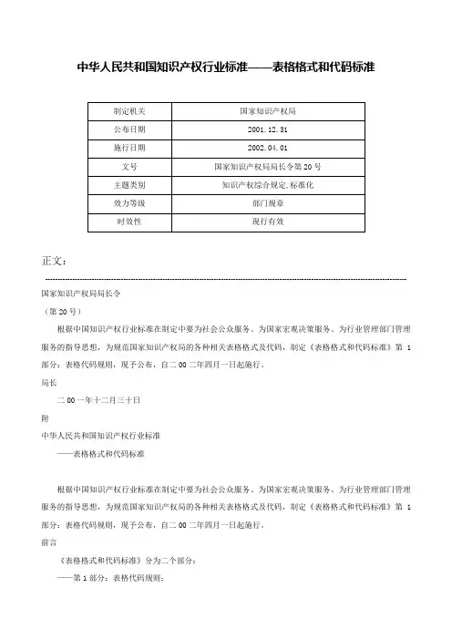 中华人民共和国知识产权行业标准——表格格式和代码标准-国家知识产权局局长令第20号