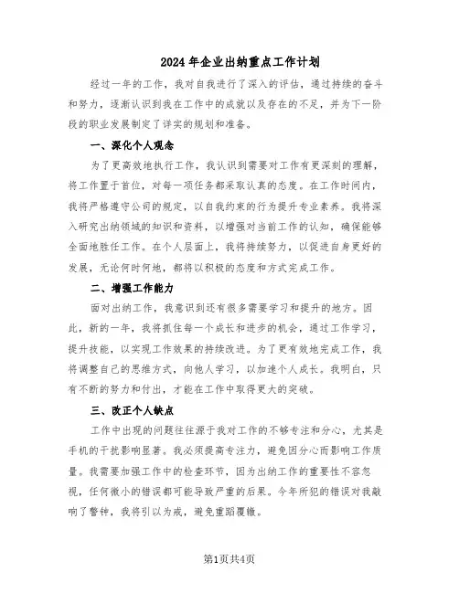 2024年企业出纳重点工作计划（三篇）
