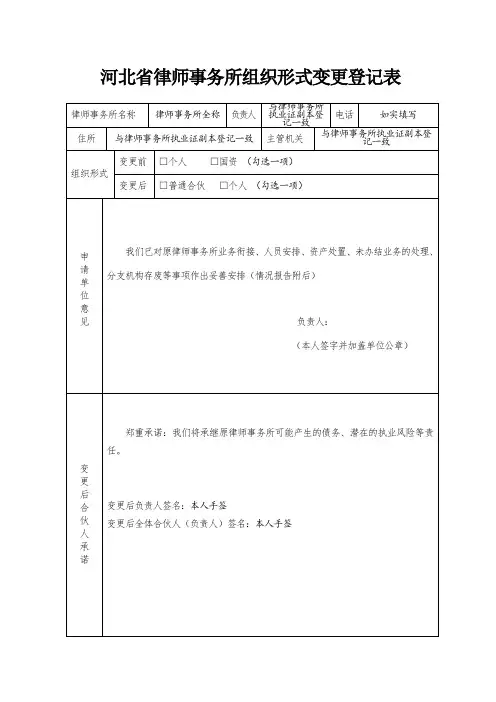 河北省律师事务所组织形式变更登记表