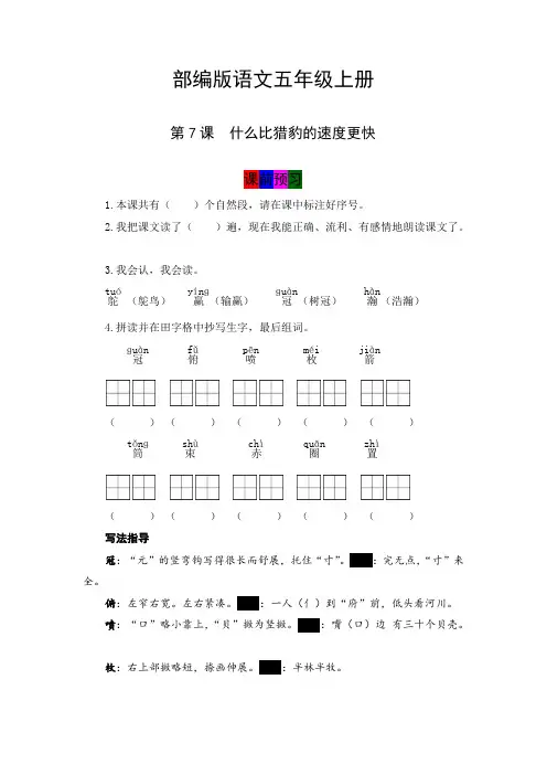 最新人教部编版小学五年级上册语文第7课《什么比猎豹的速度更快》学霸课堂笔记及练习