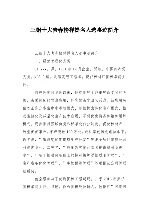 三钢十大青春榜样提名人选事迹简介