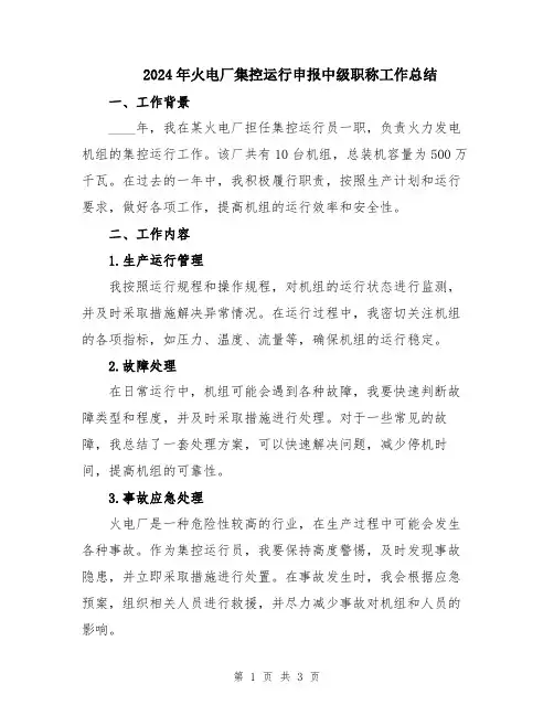 2024年火电厂集控运行申报中级职称工作总结