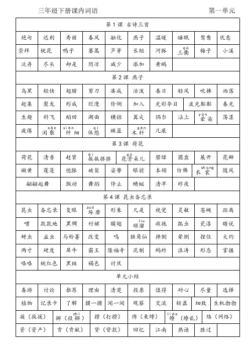 部编版小学语文三年级下册课内单元必记词语
