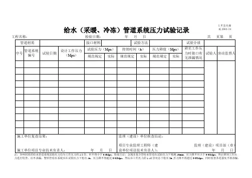 给水(采暖、冷冻)管道系统压力试验记录