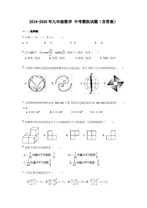2019-2020年九年级数学 中考模拟试题(含答案)
