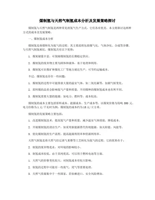 煤制氢与天然气制氢成本分析及发展策略探讨