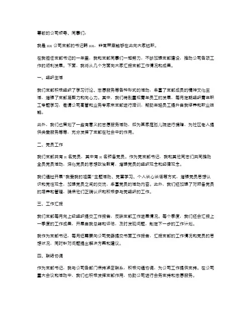 xx公司支部书记述职报告
