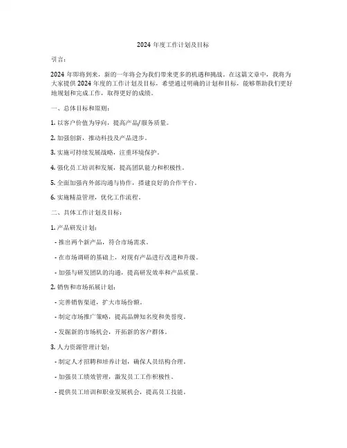 2024年度工作计划及目标