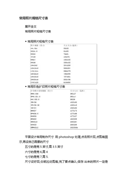 常用照片规格尺寸表