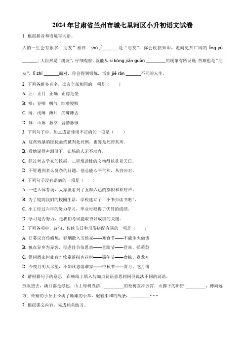 甘肃省兰州市城七里河区2024年统编版小升初考试语文试卷(原卷版)
