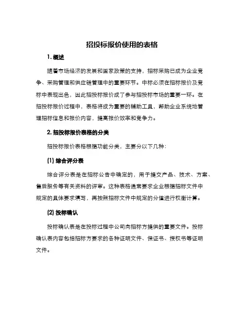 招投标报价使用的表格