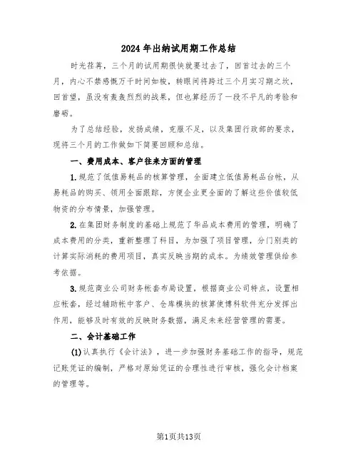 2024年出纳试用期工作总结(5篇)