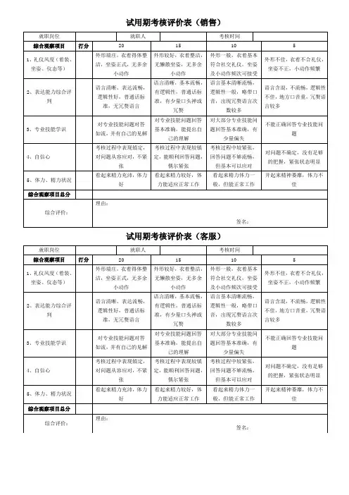 试用期考核表(销售人员)