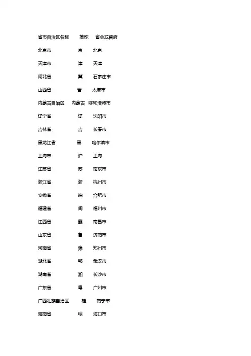 各省简称表