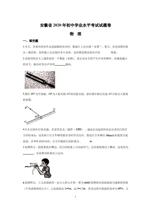 安徽省2020年中考物理试题(含答案与解析)