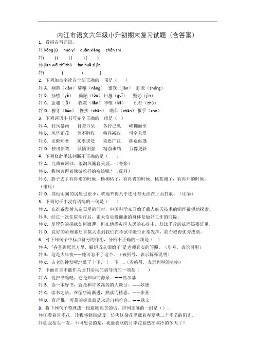 内江市语文六年级小升初期末复习试题(含答案)