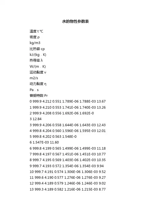 水的物性参数表