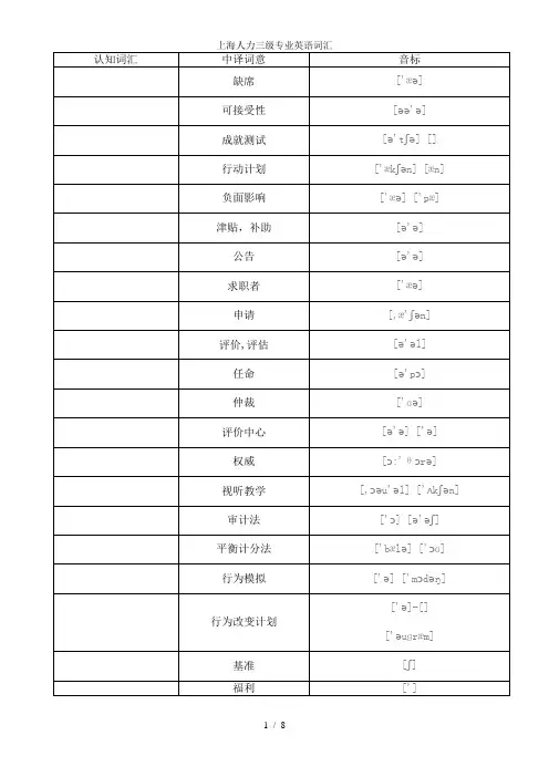 上海人力三级专业英语词汇