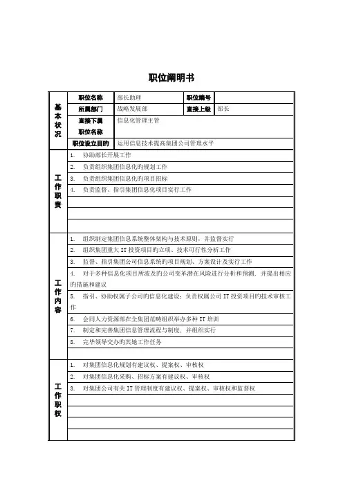 战略发展部部长助理岗位专项说明书
