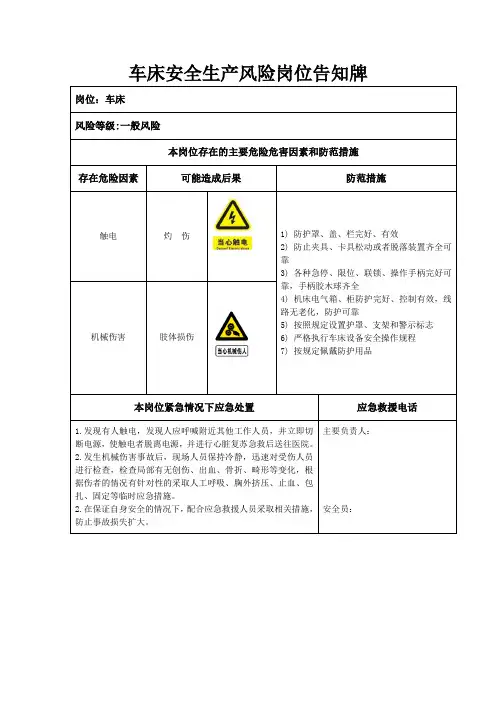车床安全生产风险岗位告知牌