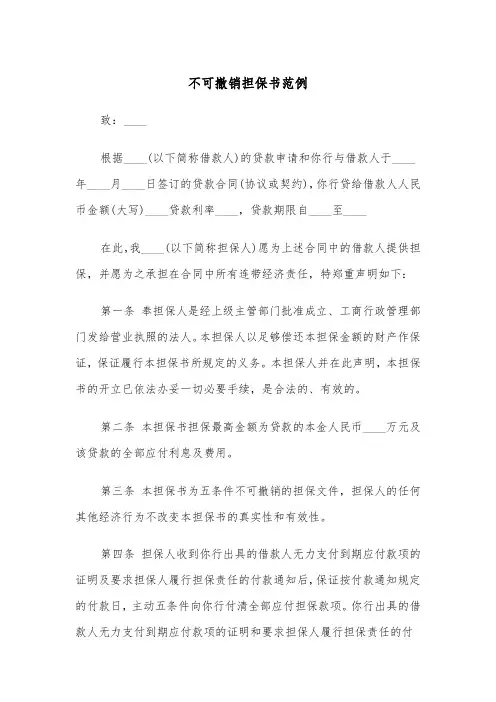 不可撤销担保书范例（5篇）