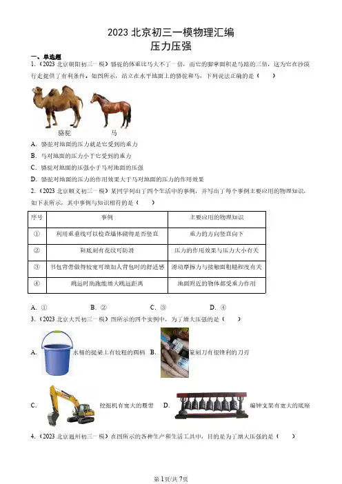 2023北京初三一模物理汇编：压力压强